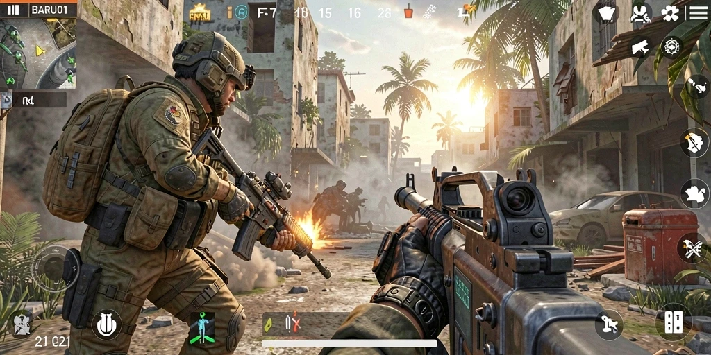Tampilan gameplay intens BARU01 dengan aksi tembak-menembak yang mendebarkan.