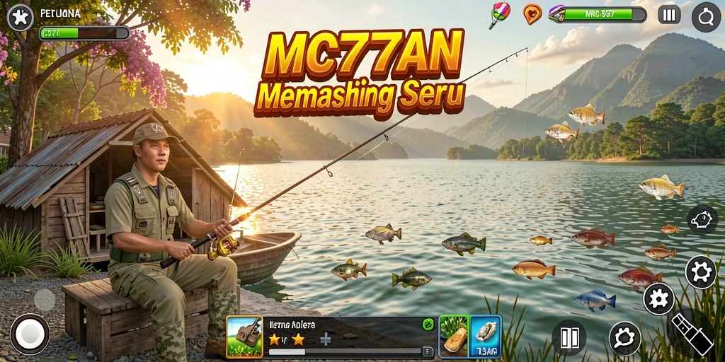 Screenshot gameplay MC777 menampilkan momen seru saat memancing ikan.
